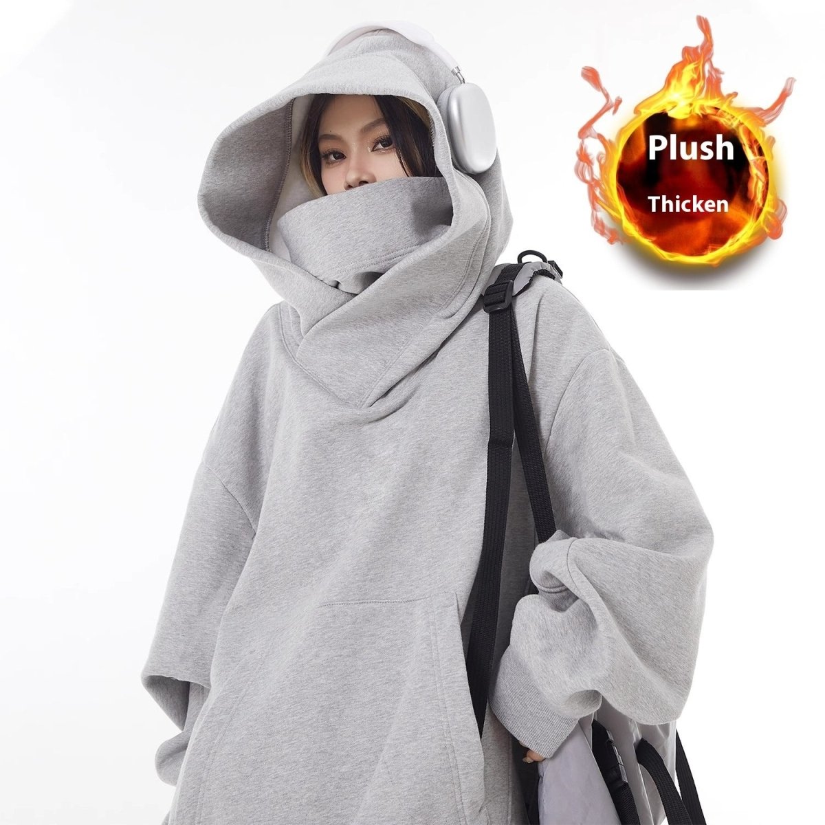Loose High Collar Fleece Lined Hoodie - Structured DifferentlyLoose High Collar Fleece Lined HoodieRGZJ0KRLoose High Collar Fleece Lined Hoodie