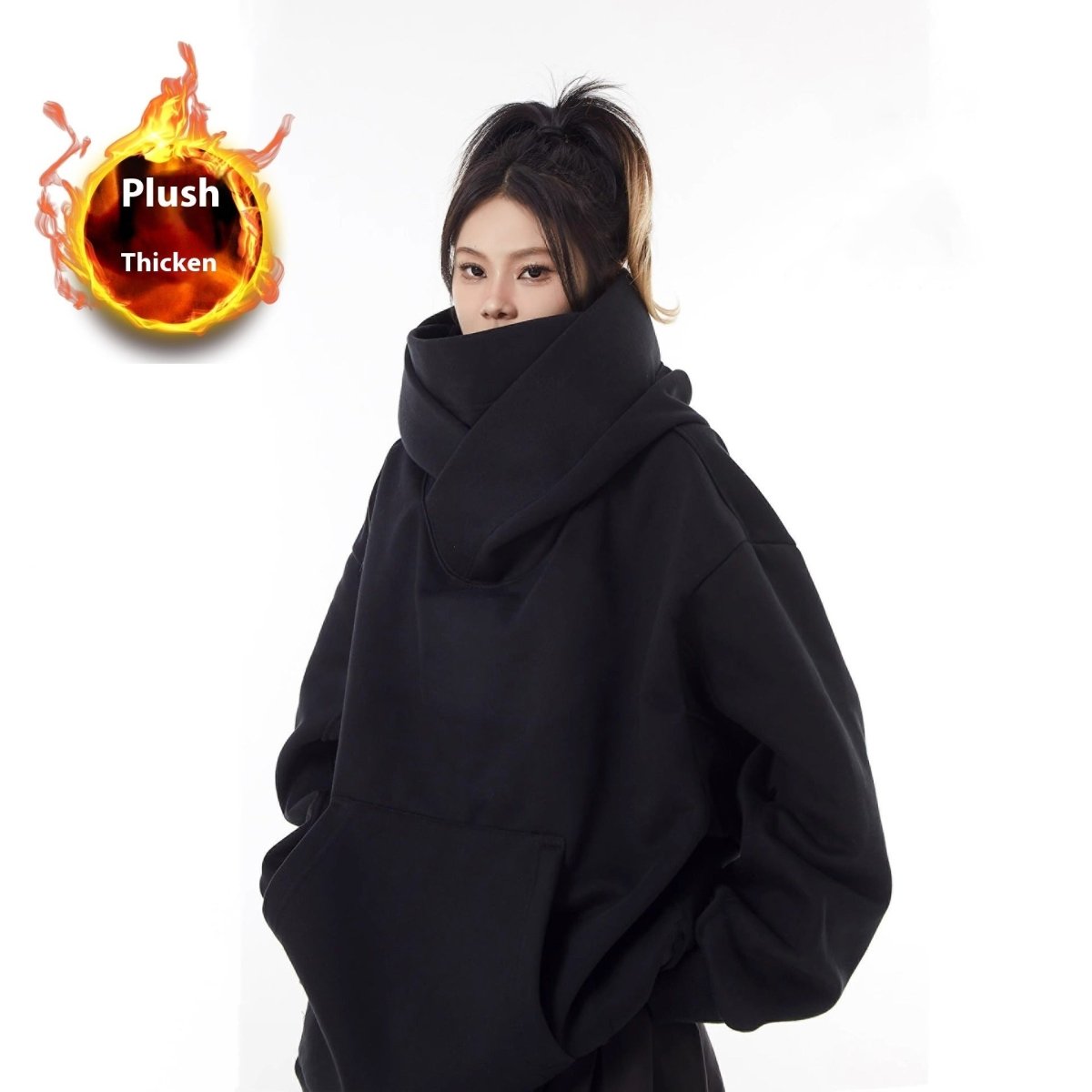 Loose High Collar Fleece Lined Hoodie - Structured DifferentlyLoose High Collar Fleece Lined HoodieRGZJ0KRLoose High Collar Fleece Lined Hoodie